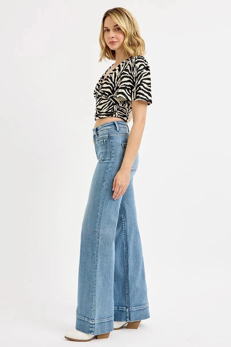 RISEN Full Size High Rise Wide Flare Patch Pocket Jeans Plus Size - Demented Sisters