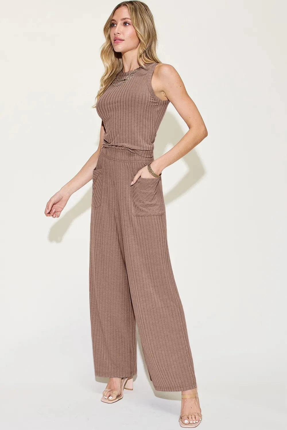 Basic Bae Full Size Ribbed Tank and Wide Leg Pants Set - Demented Sisters