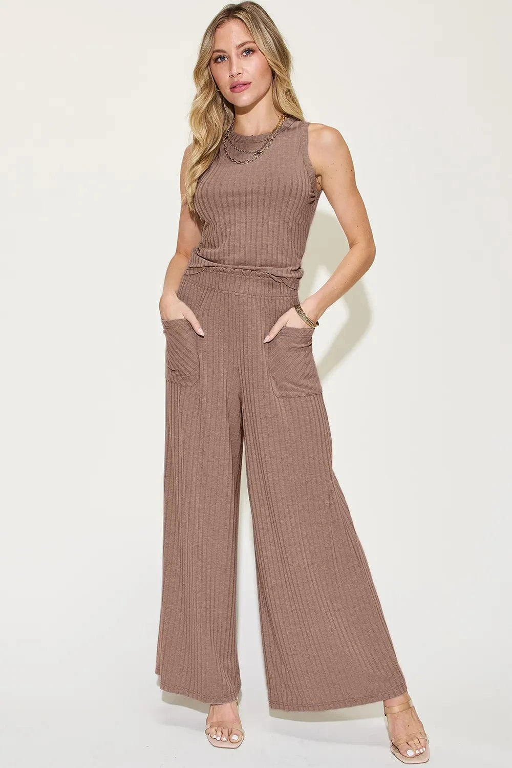 Basic Bae Full Size Ribbed Tank and Wide Leg Pants Set - Demented Sisters