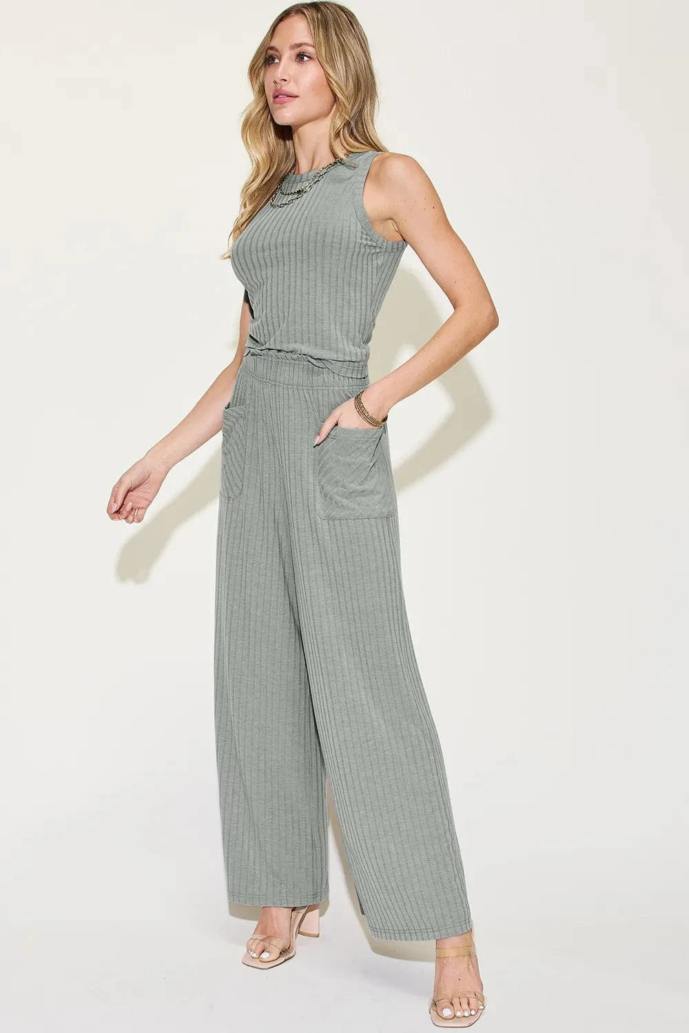 Basic Bae Full Size Ribbed Tank and Wide Leg Pants Set - Demented Sisters