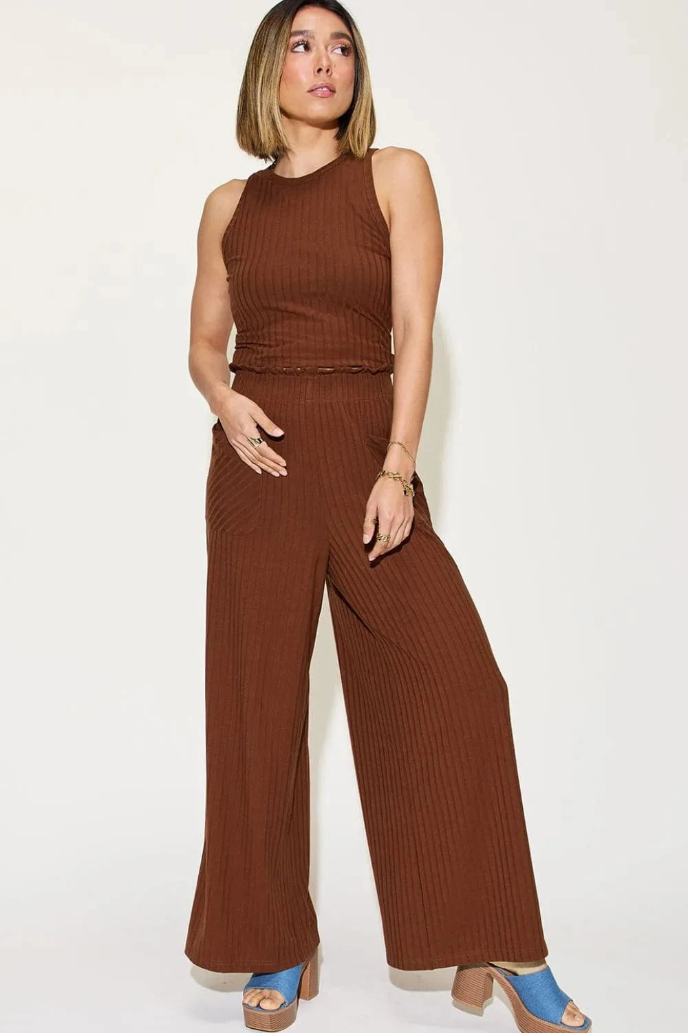 Basic Bae Full Size Ribbed Tank and Wide Leg Pants Set - Demented Sisters
