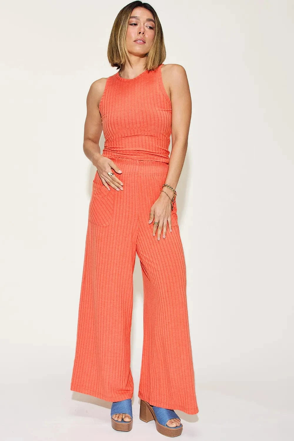 Basic Bae Full Size Ribbed Tank and Wide Leg Pants Set - Demented Sisters