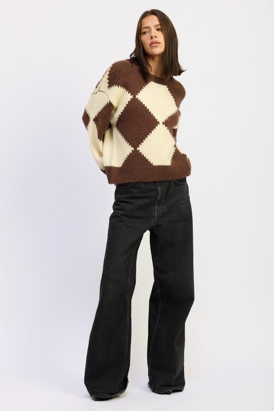 TWO TONE ARGYLE OVERSIZED SWEATER - Demented Sisters