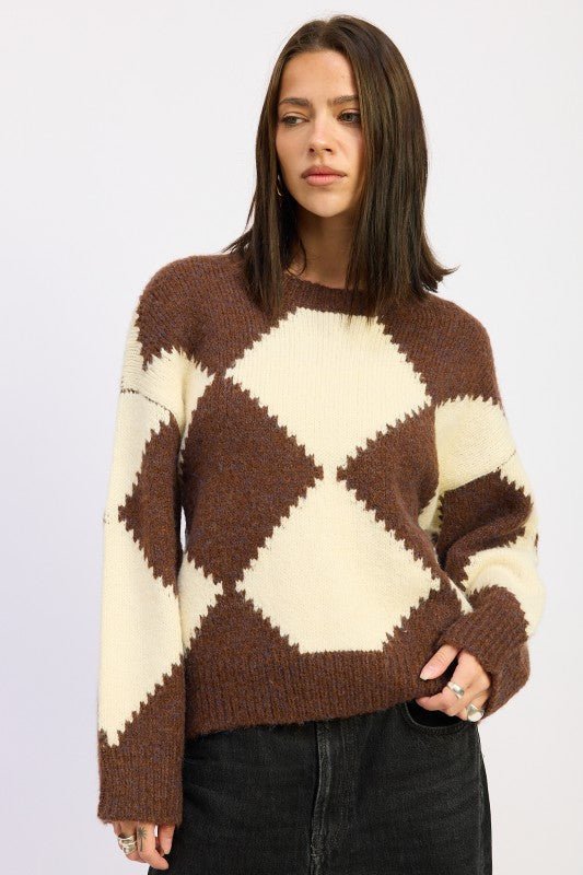 TWO TONE ARGYLE OVERSIZED SWEATER - Demented Sisters