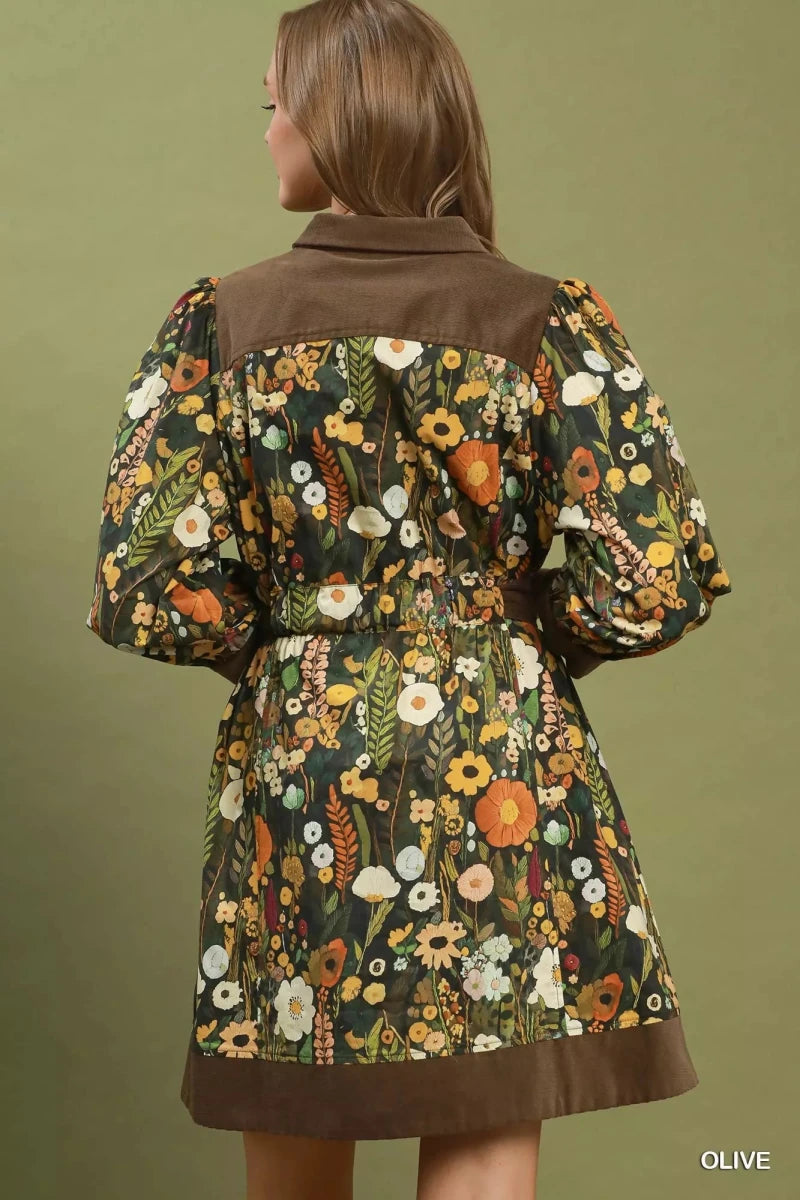 Umgee Floral Print Belted Puff Sleeve Mini Dress - Demented Sisters