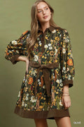 Umgee Floral Print Belted Puff Sleeve Mini Dress - Demented Sisters