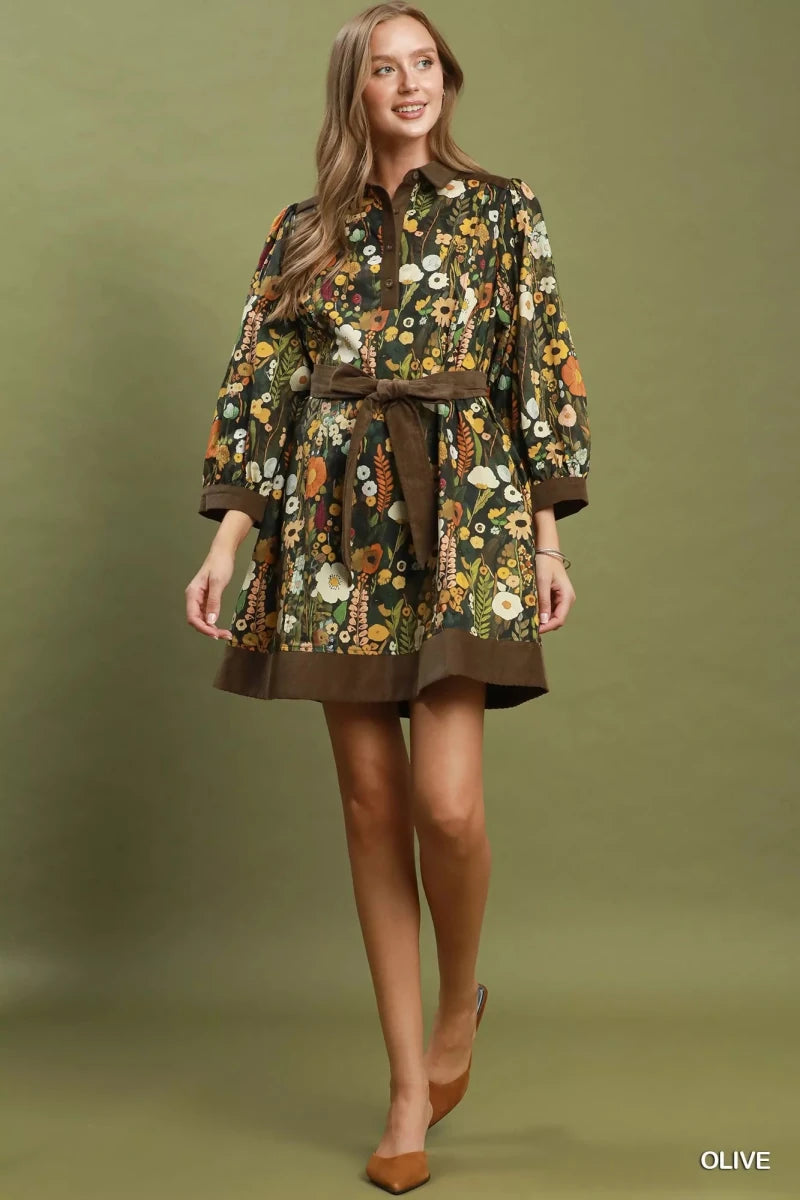 Umgee Floral Print Belted Puff Sleeve Mini Dress - Demented Sisters