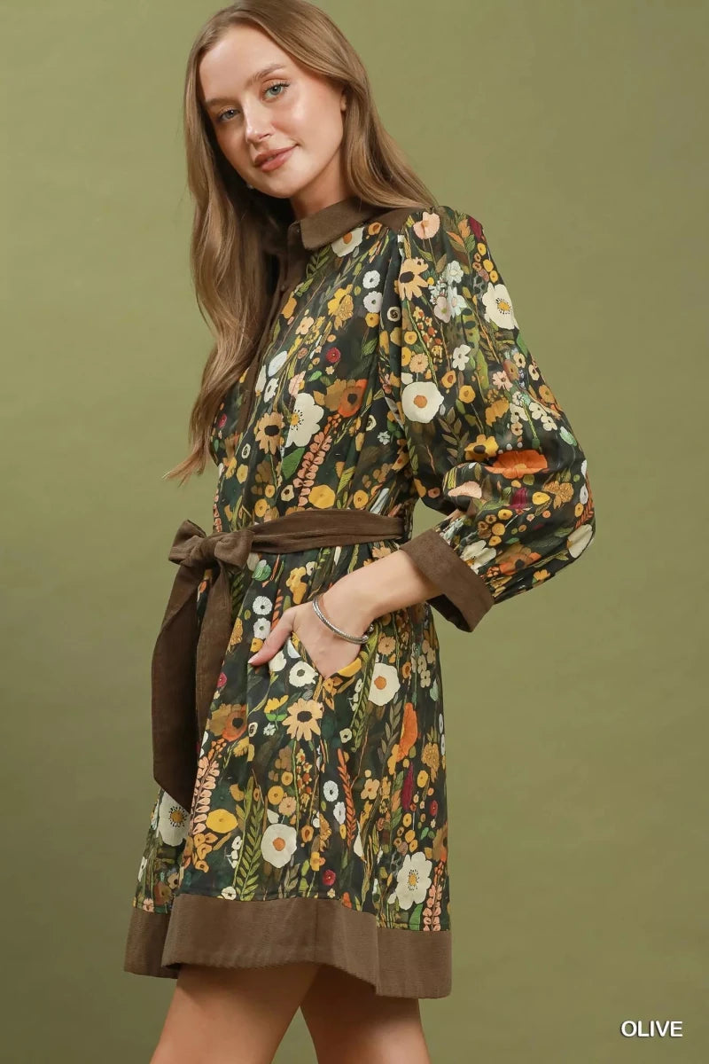Umgee Floral Print Belted Puff Sleeve Mini Dress - Demented Sisters