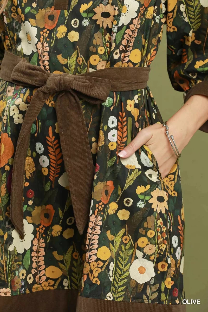 Umgee Floral Print Belted Puff Sleeve Mini Dress - Demented Sisters