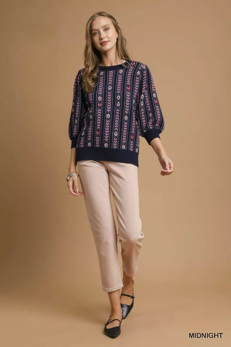 Umgee Jacquard Knit Puff Sleeve Sweater - Demented Sisters