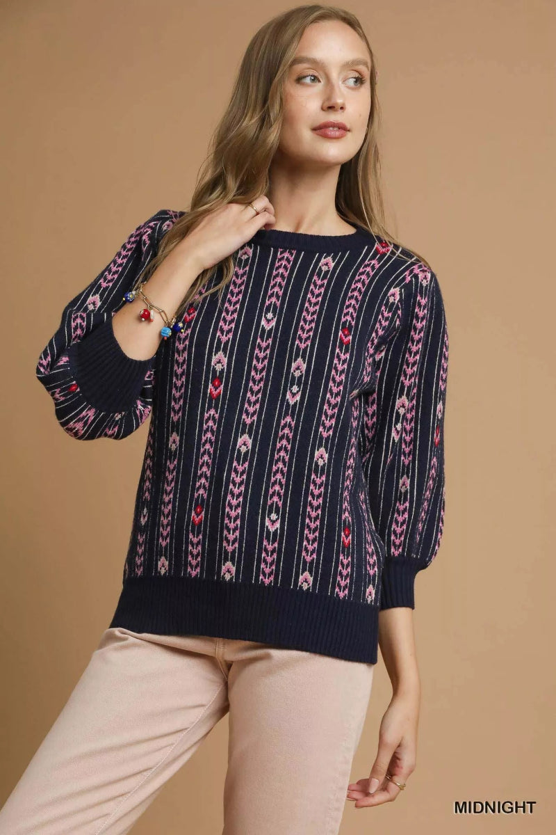 Umgee Jacquard Knit Puff Sleeve Sweater - Demented Sisters
