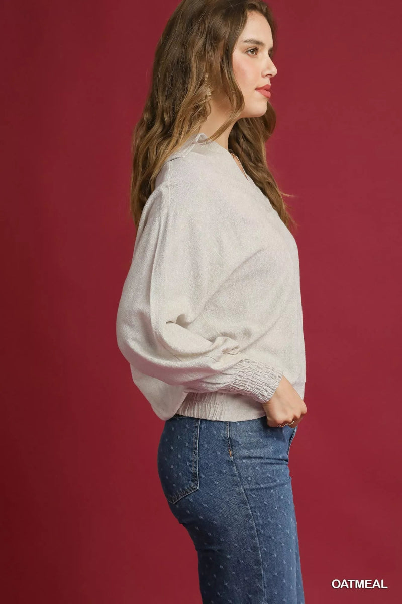 Umgee Linen Long Sleeves Elastic Hem Blouse - Demented Sisters
