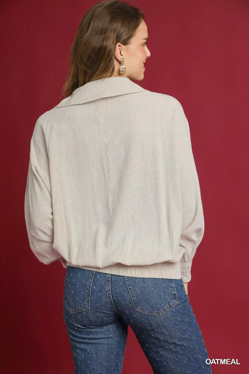 Umgee Linen Long Sleeves Elastic Hem Blouse - Demented Sisters