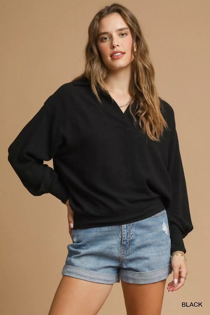 Umgee Linen Long Sleeves Elastic Hem Blouse - Demented Sisters