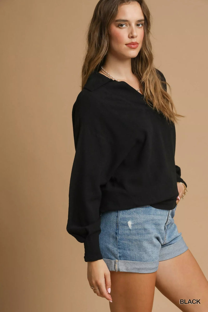 Umgee Linen Long Sleeves Elastic Hem Blouse - Demented Sisters