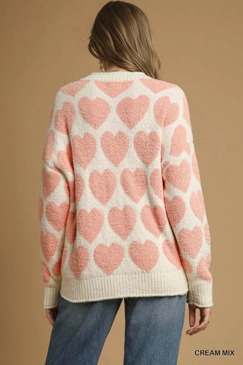 Umgee Mix Heart Pattern Pearl Accent Sweater - Demented Sisters