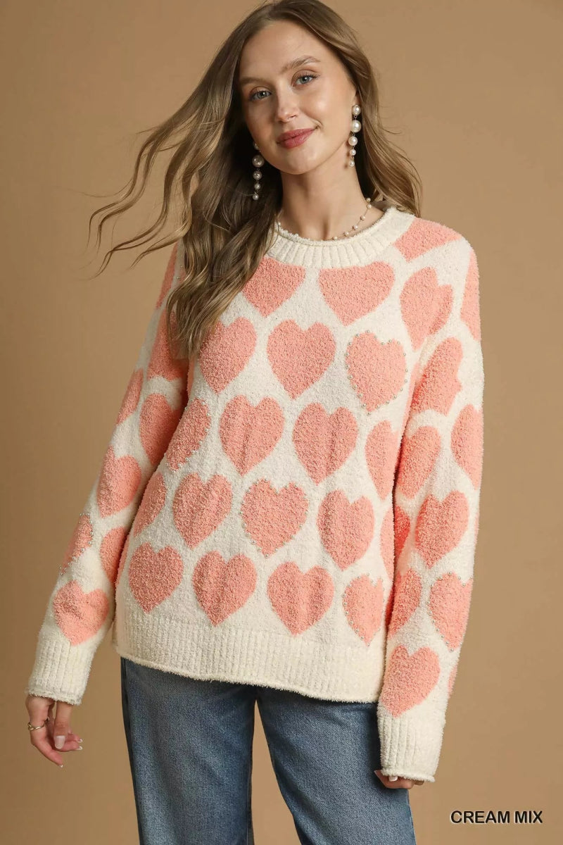 Umgee Mix Heart Pattern Pearl Accent Sweater - Demented Sisters