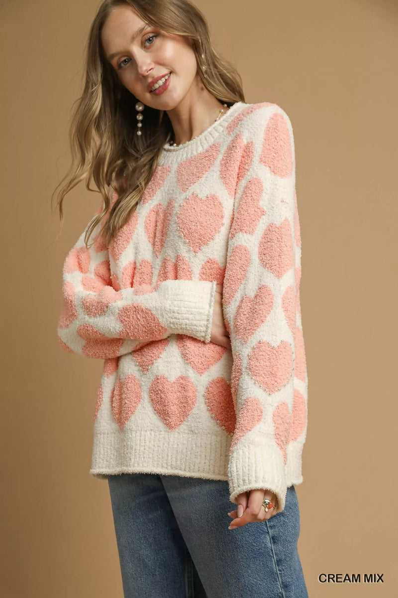 Umgee Mix Heart Pattern Pearl Accent Sweater - Demented Sisters