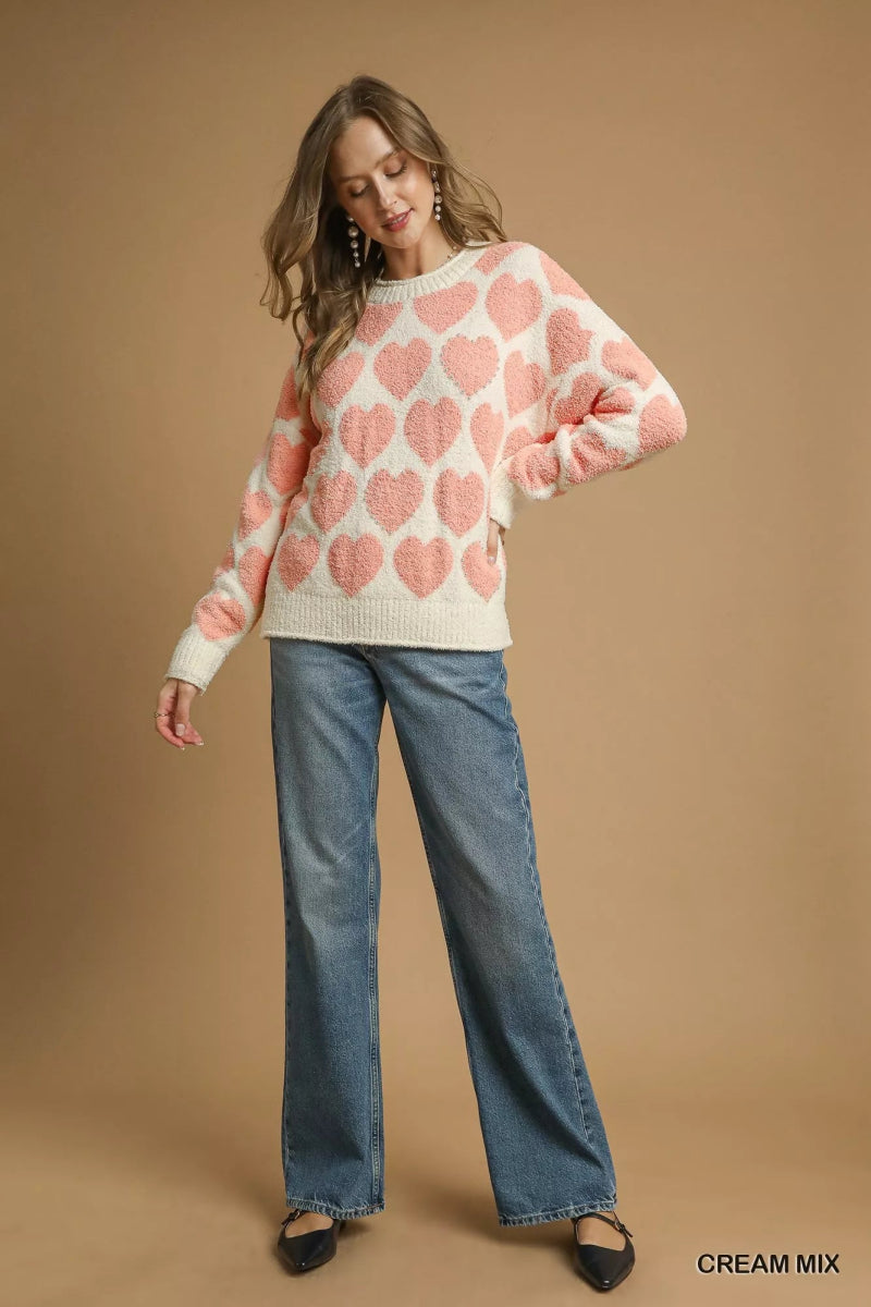 Umgee Mix Heart Pattern Pearl Accent Sweater - Demented Sisters