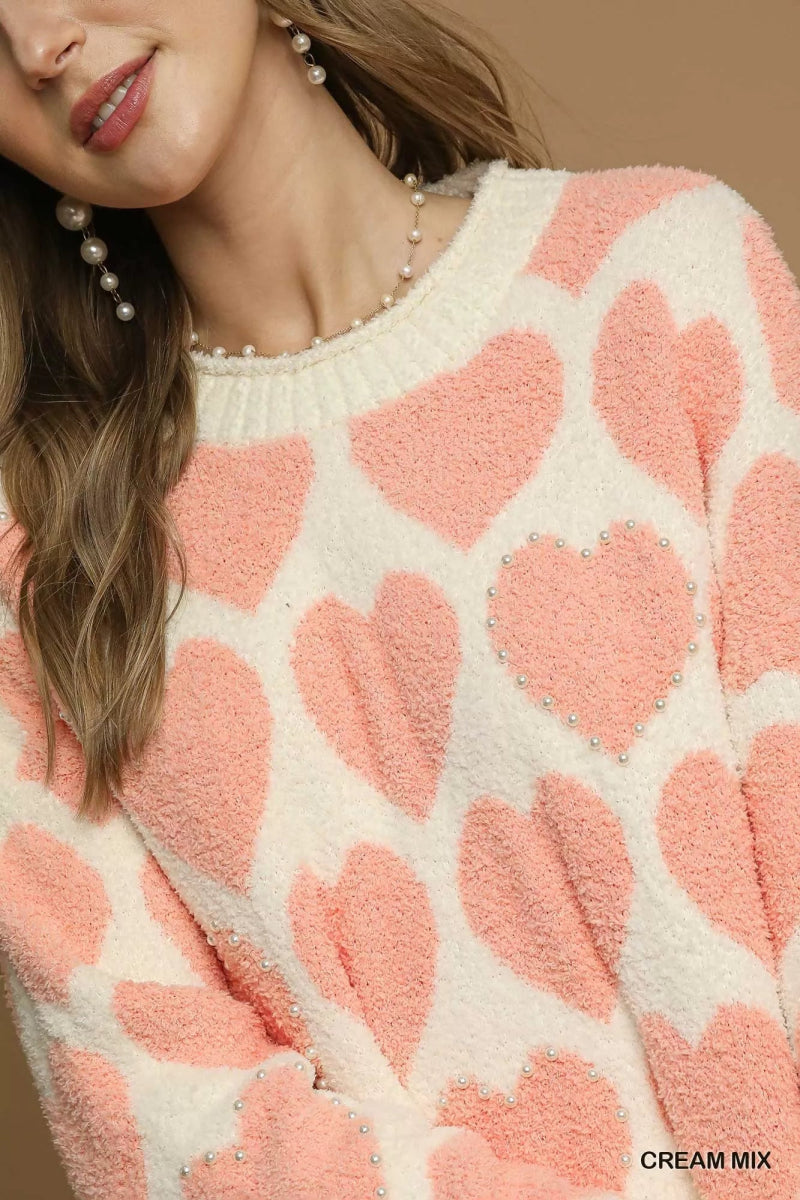 Umgee Mix Heart Pattern Pearl Accent Sweater - Demented Sisters