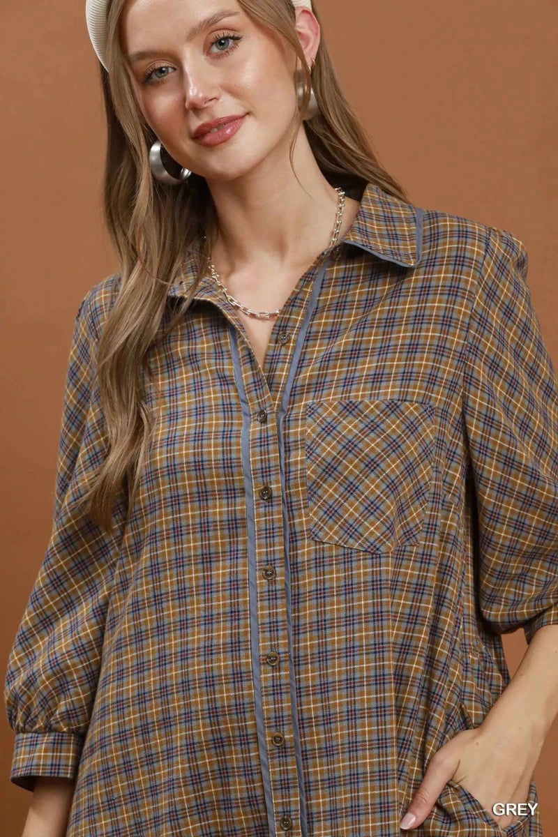 Umgee Plaid Button Down Oversized Shirt Dress - Demented Sisters