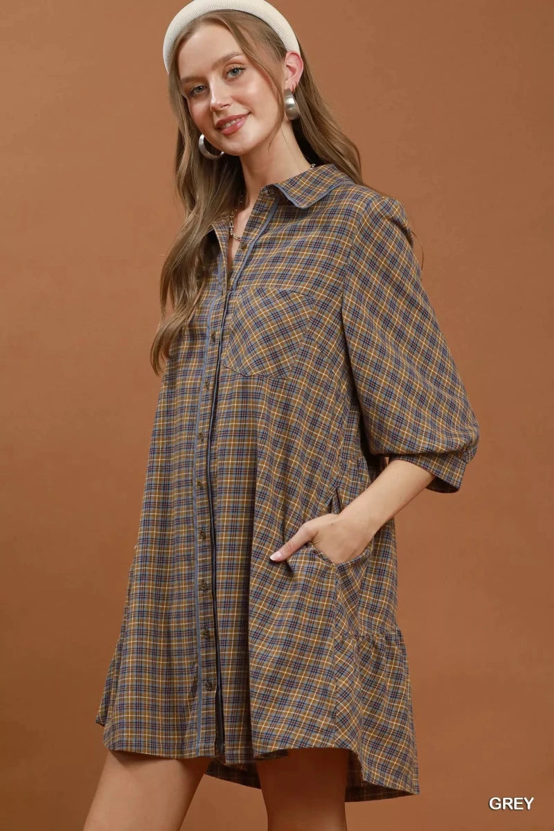 Umgee Plaid Button Down Oversized Shirt Dress - Demented Sisters