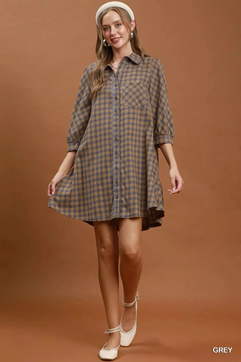 Umgee Plaid Button Down Oversized Shirt Dress - Demented Sisters