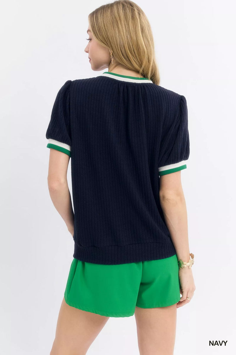 Umgee Puff Sleeve Knit Top with Contrast Rib Trim - Demented Sisters