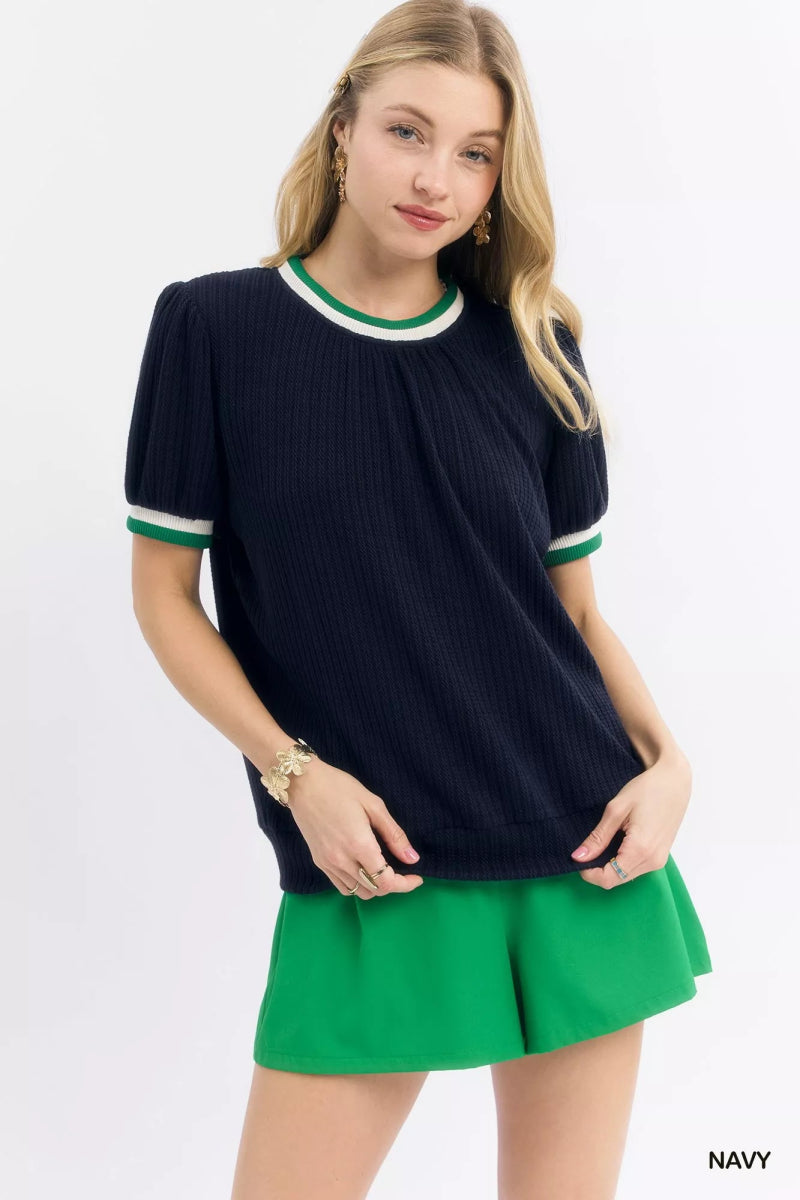 Umgee Puff Sleeve Knit Top with Contrast Rib Trim - Demented Sisters