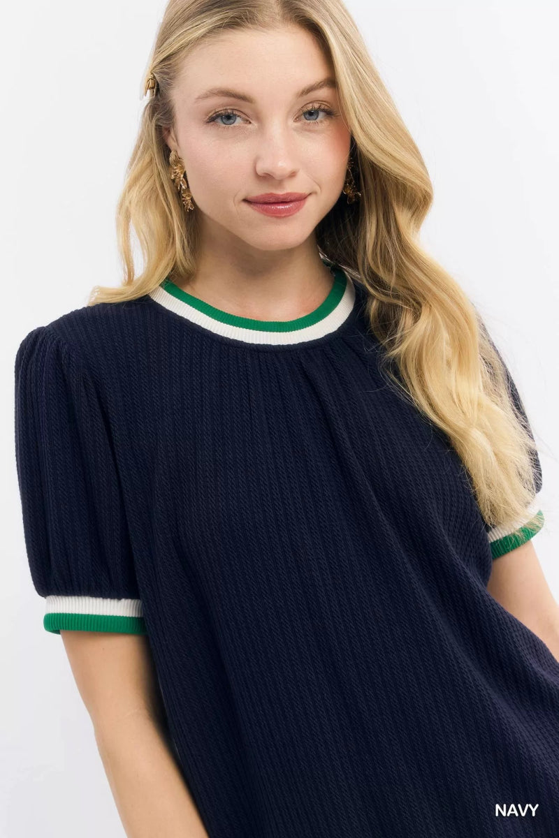 Umgee Puff Sleeve Knit Top with Contrast Rib Trim - Demented Sisters