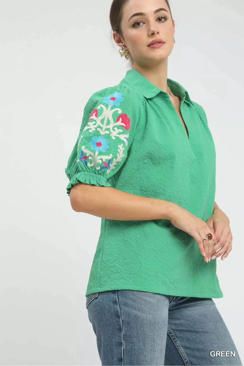 Umgee Seersucker Embroidered Sleeve Blouse - Demented Sisters