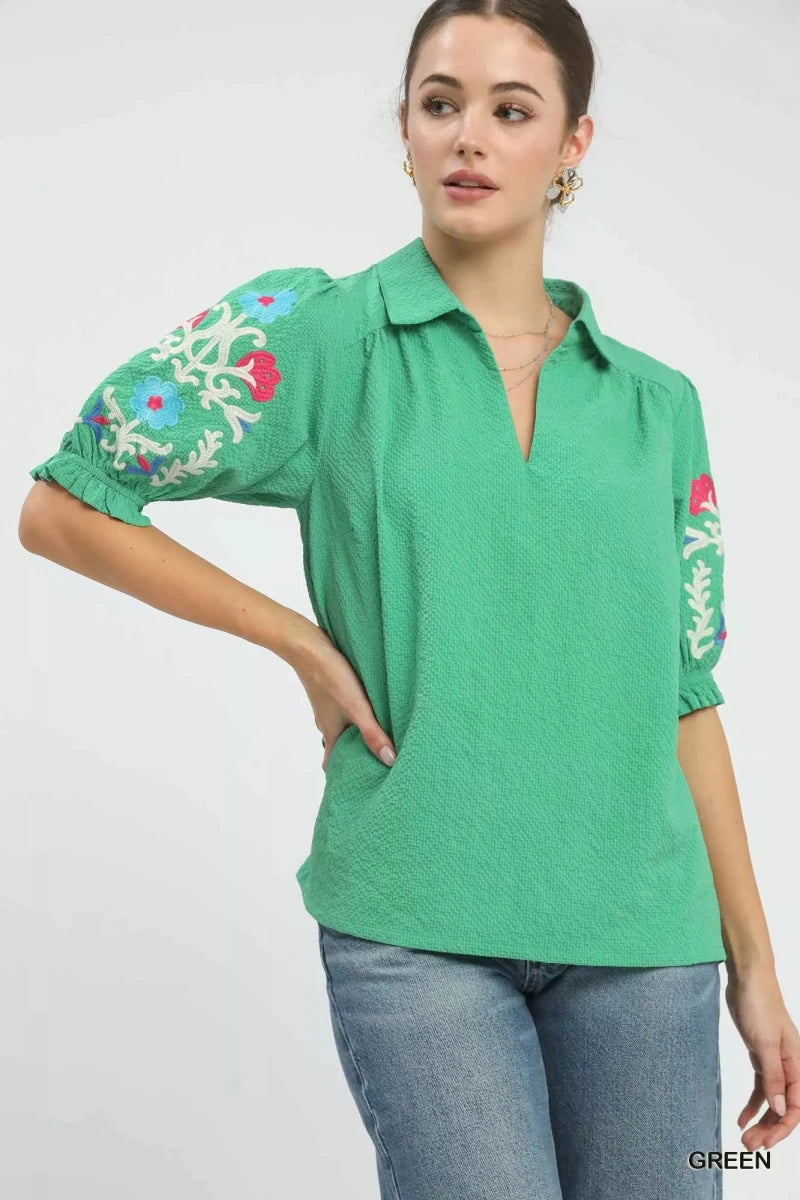 Umgee Seersucker Embroidered Sleeve Blouse - Demented Sisters