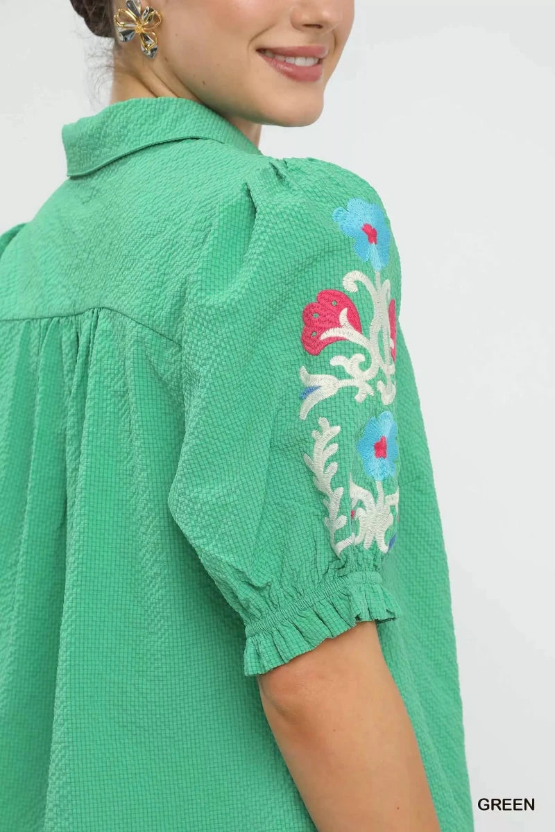 Umgee Seersucker Embroidered Sleeve Blouse - Demented Sisters
