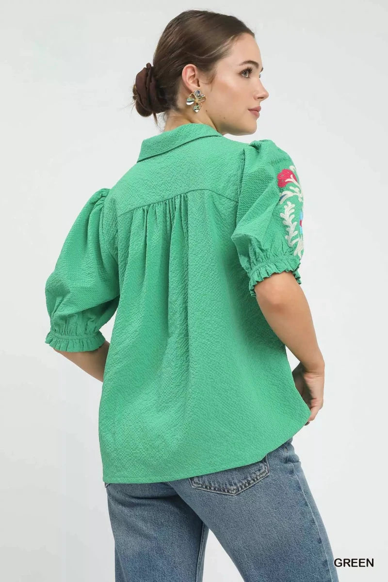 Umgee Seersucker Embroidered Sleeve Blouse - Demented Sisters