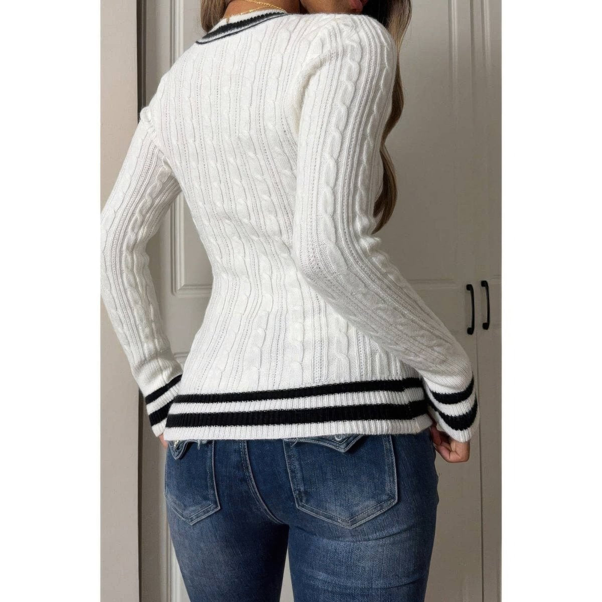 V Neck Cable Knit Long Sleeve Fit Sweater - Demented Sisters
