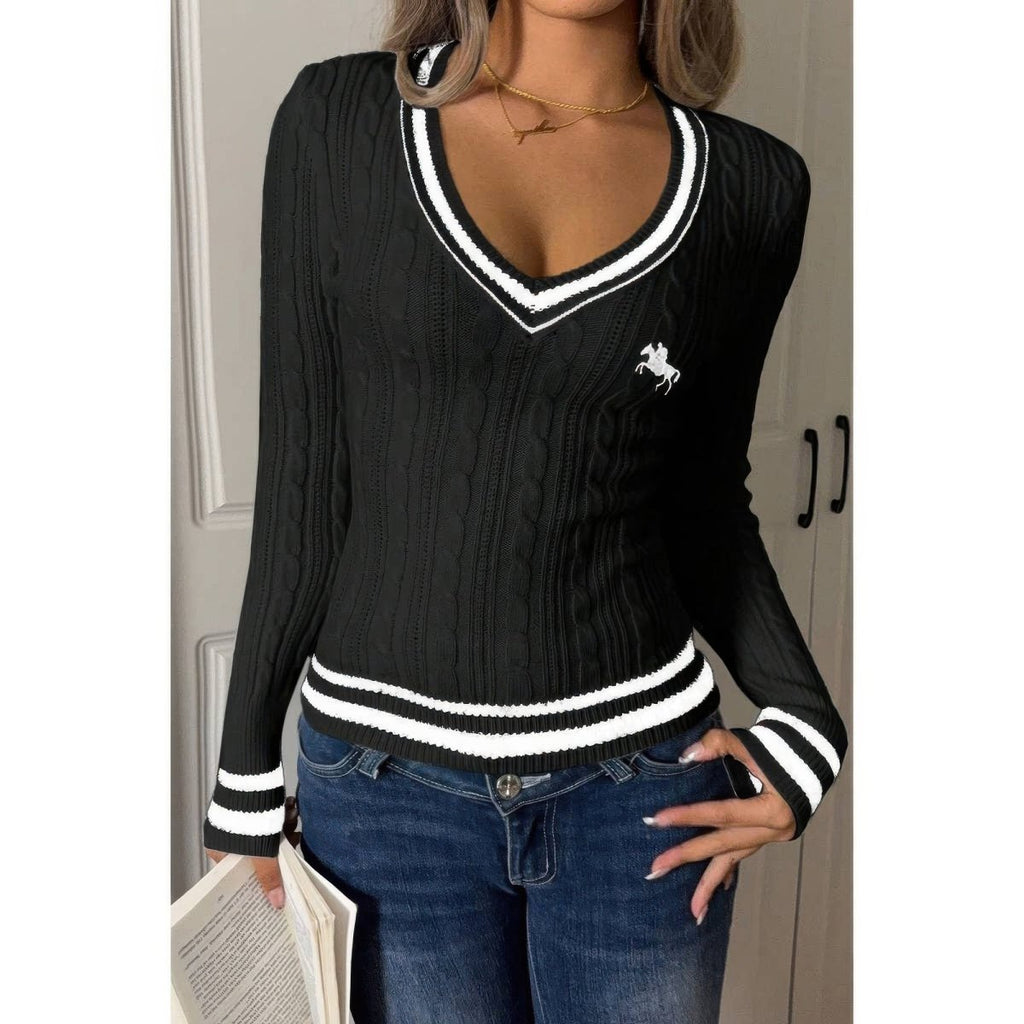 V Neck Cable Knit Long Sleeve Fit Sweater - Demented Sisters