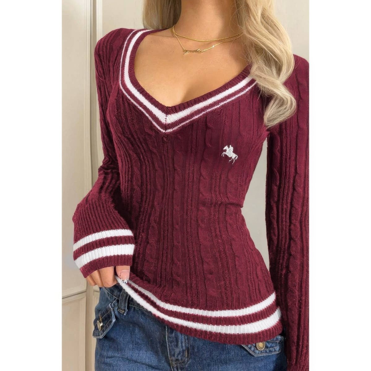V Neck Cable Knit Long Sleeve Fit Sweater - Demented Sisters