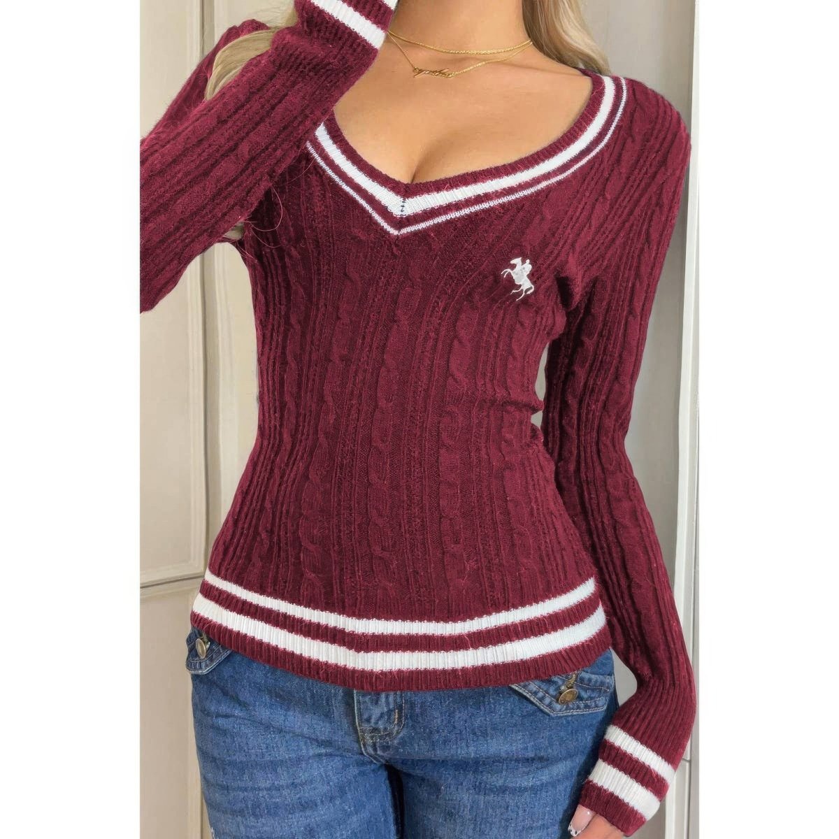 V Neck Cable Knit Long Sleeve Fit Sweater - Demented Sisters