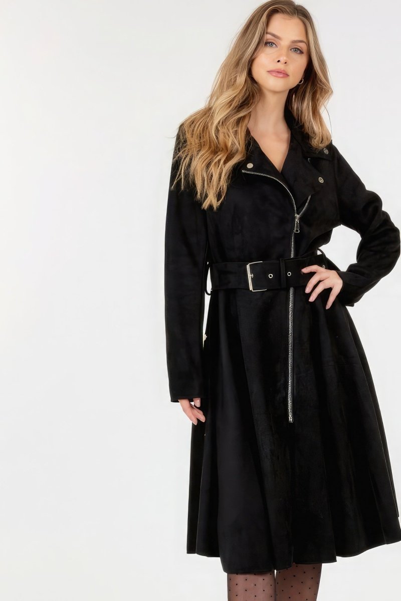 Waist Belt Tacked Faux Suede Coat Solid Coat - Demented Sisters