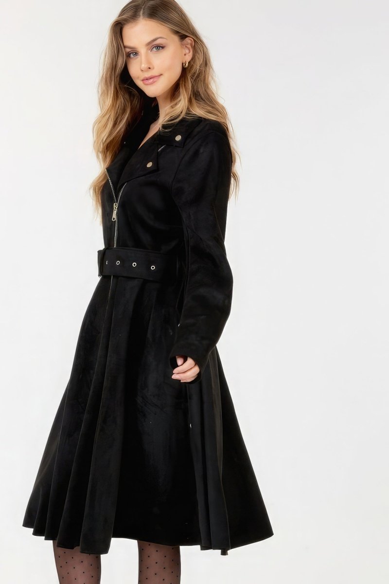 Waist Belt Tacked Faux Suede Coat Solid Coat - Demented Sisters