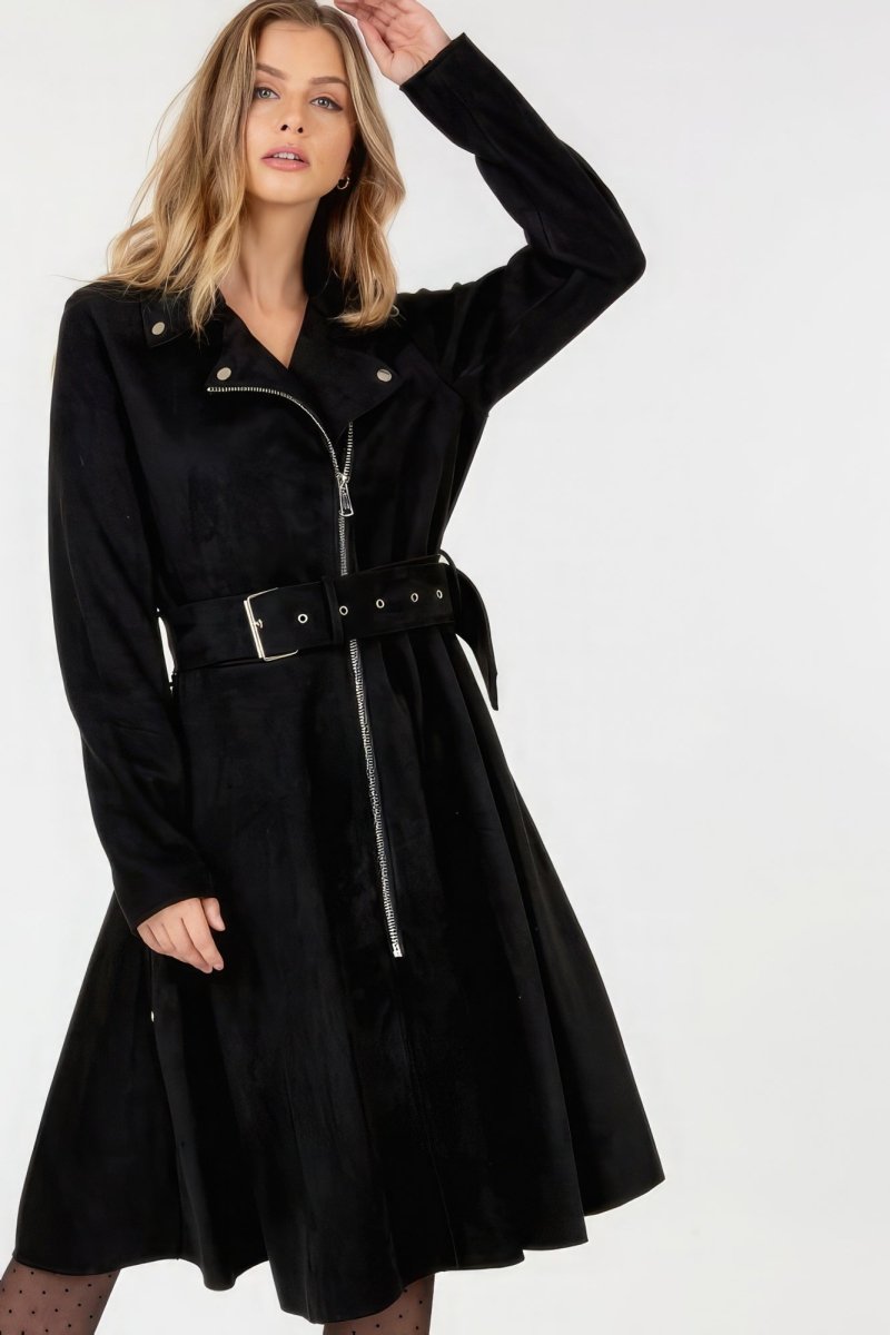 Waist Belt Tacked Faux Suede Coat Solid Coat - Demented Sisters