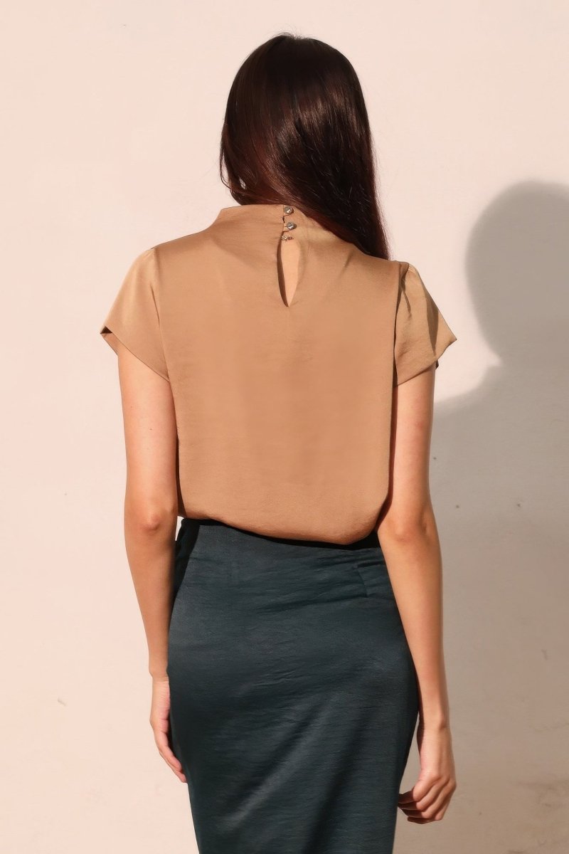 Washed Poly Silk High Neck Short Sleeve Top - Demented Sisters