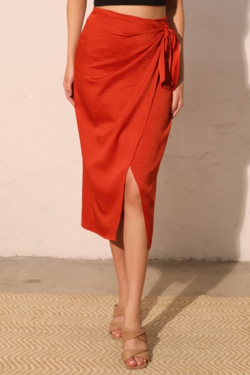 Washed Satin Crepe Side Wrap Midi Skirt - Demented Sisters