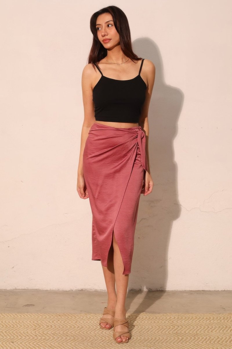 Washed Satin Crepe Side Wrap Midi Skirt - Demented Sisters