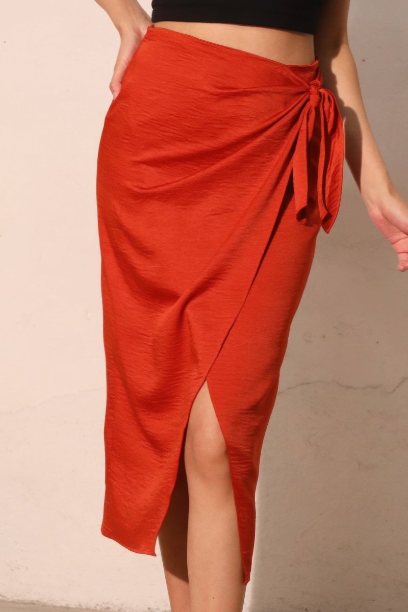 Washed Satin Crepe Side Wrap Midi Skirt - Demented Sisters
