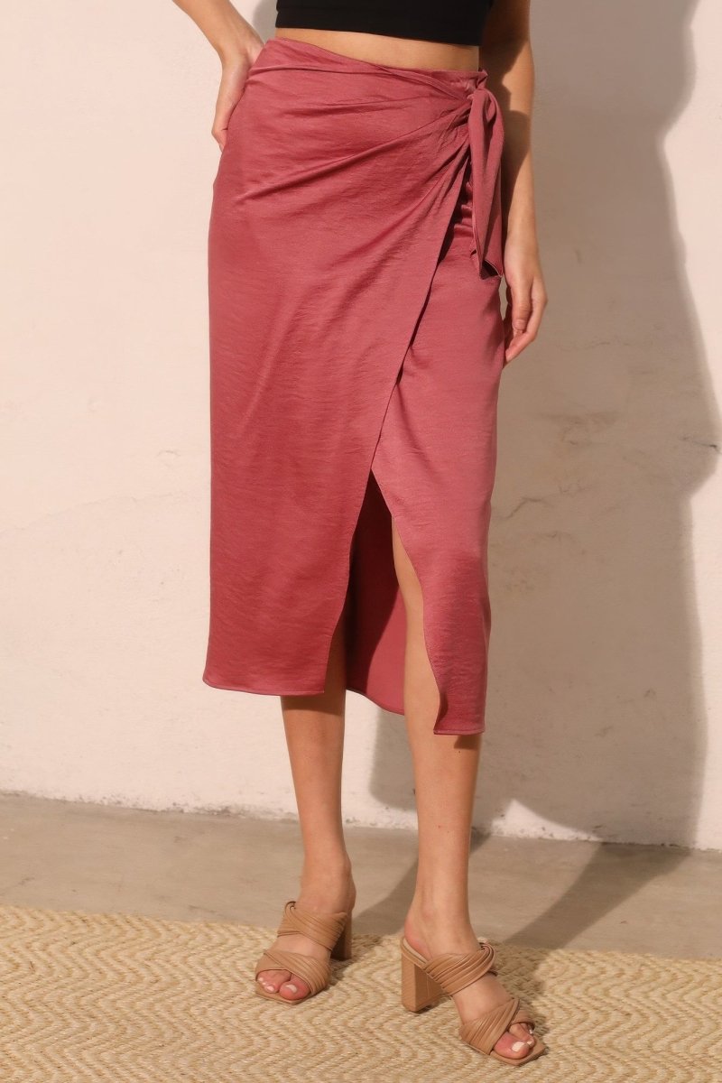 Washed Satin Crepe Side Wrap Midi Skirt - Demented Sisters