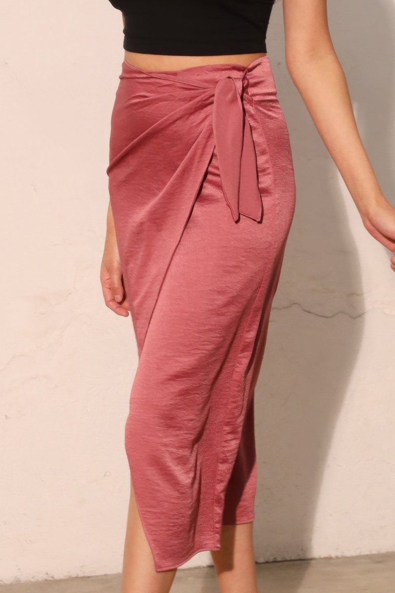 Washed Satin Crepe Side Wrap Midi Skirt - Demented Sisters