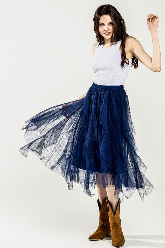 Waterfall PolkaDot Mesh Ruffle Midi Skirt - Demented Sisters