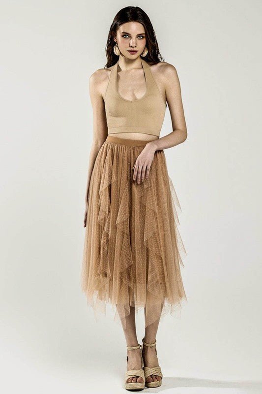 Waterfall PolkaDot Mesh Ruffle Midi Skirt - Demented Sisters