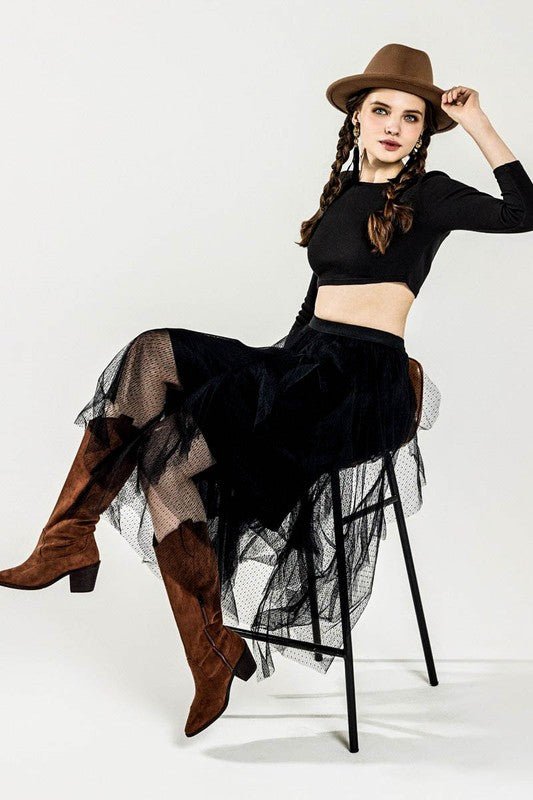 Waterfall PolkaDot Mesh Ruffle Midi Skirt - Demented Sisters